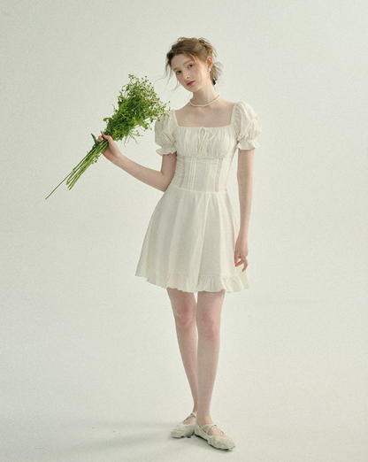 White French Style Mini Dress Women With Puff Sleeves And Lace Inset R9471