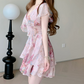 Pink floral V-neck slim waist A-line chiffon skirt R5032