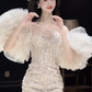 White one-shoulder tassel design waist slim hip cute sexy princess skirt homecoming dress R4227