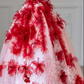 White-based Tube Top with Red Floral Print, Fitted-Waist Slim-Fit Puffy Hem Ball Gown / Bridal Gown R5890