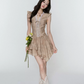 French Tea Party Mini Dress Women With Brown Tie Dye Print And Lace Trim R9427