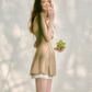 Camel Halter Mini Dress with Lace Trim Neckline, Layered Lace Hem and Fitted Flared Silhouette R9262