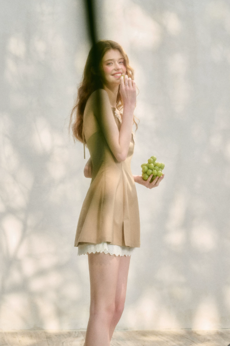 Camel Halter Mini Dress with Lace Trim Neckline, Layered Lace Hem and Fitted Flared Silhouette R9262
