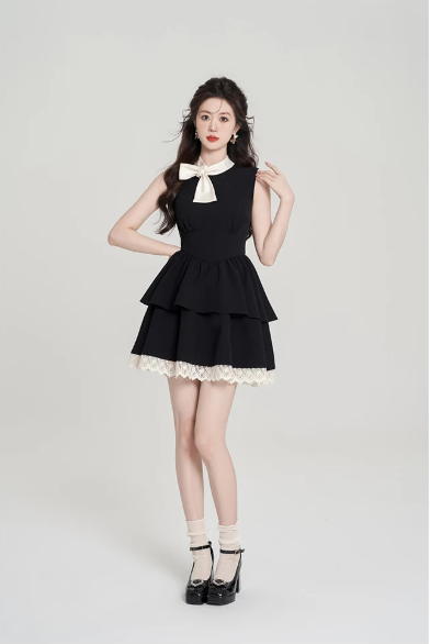 Coquette Black Tiered Mini Dress, Women's Sleeveless Bow Neck Dress with Lace Trim R9326