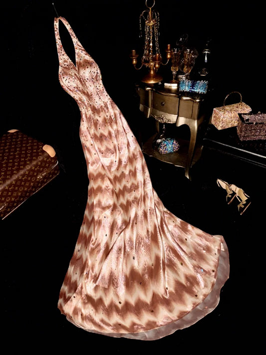 Pinkish-brown halter neck fitted waist long ball gown R6888