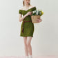 Olive Green Textured Knit Dress with Off-Shoulder Neckline & Tassel Belt R9178