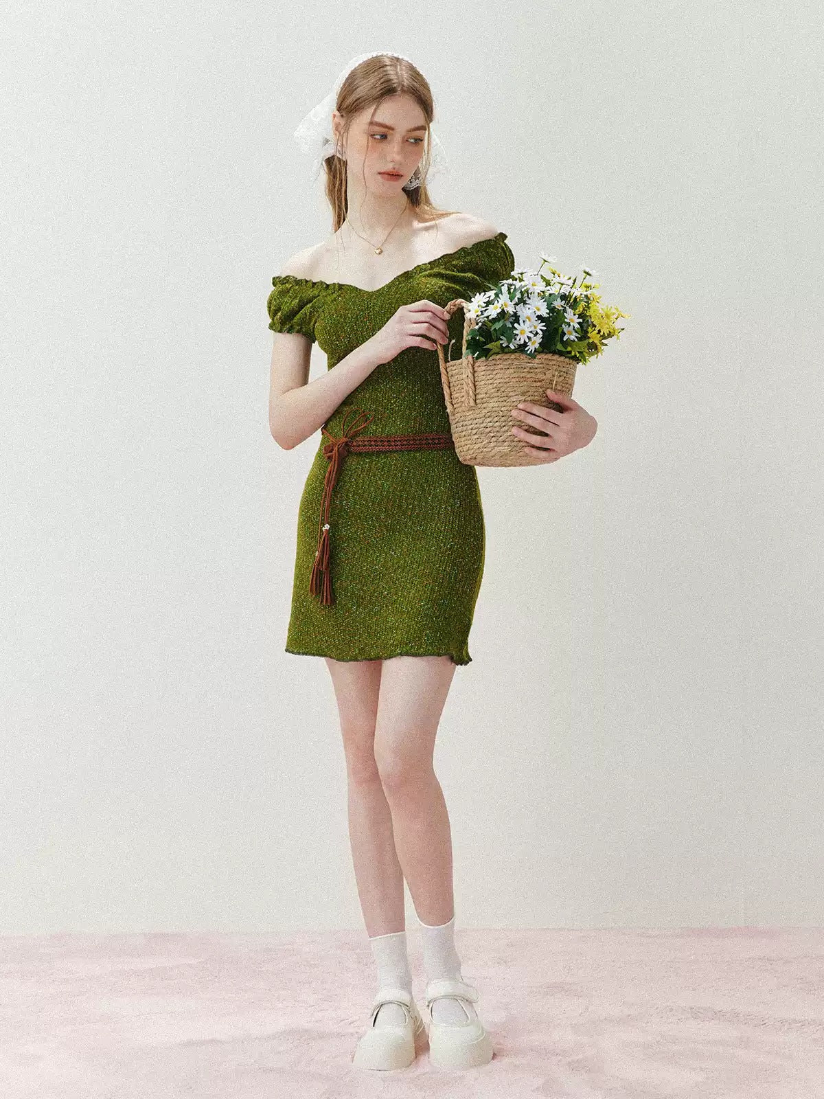 Olive Green Textured Knit Dress with Off-Shoulder Neckline & Tassel Belt R9178