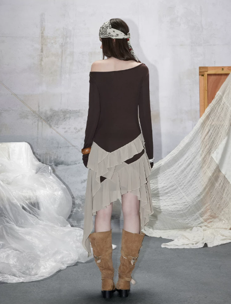 Retro Grunge Style Dress With Ruched Top, Layered Chiffon Skirt And Asymmetric Cutouts R9309
