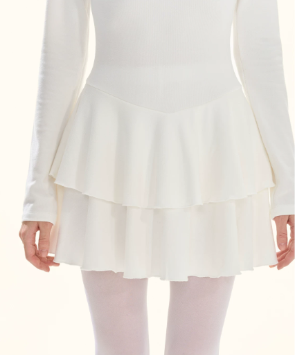White Long Sleeve Tiered Mini Dress With Ruched Neckline And Bow Detail R9295