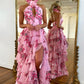 Pink floral halter neck slim waist cake irregular skirt dress, prom dress R5419