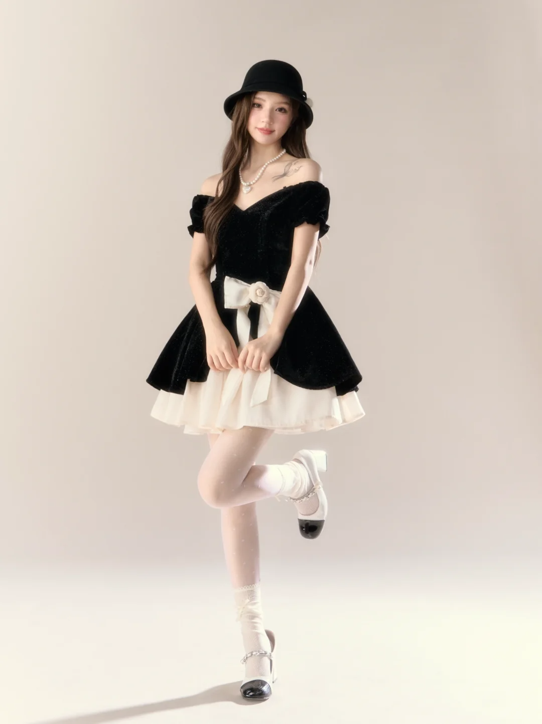 Black one-shoulder slim waist A-line puffy skirt homecoming dress R5399