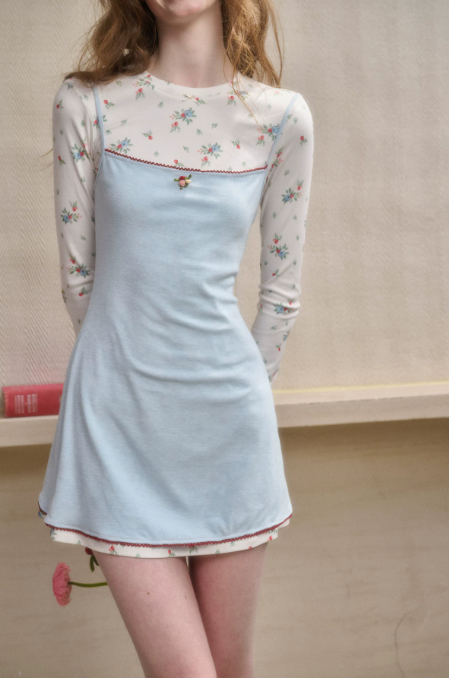 Light Blue Slip Dress with Floral Long-Sleeve Top, 2-Piece Outfit with Ruffled Trim and Mini Hem R9258