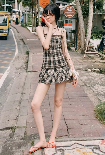 Brown Plaid Cami Mini Dress With Lace Trim And Pleated Skirt R9285