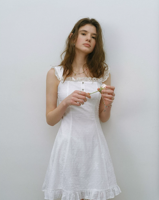 White Swiss Dot A-Line Mini Dress Women With Lace Ruffle Trim R9472