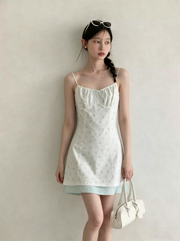 White Floral Cami Dress with Light Blue Tie Front and Elastic Waist R9176