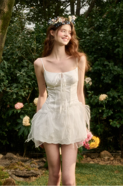 White Corset-Style Mini Dress with Lace-Up Front, Tulle Ruffle Skirt, and Thin Spaghetti Straps R9257