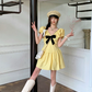2026 Summer Yellow Puff Sleeve Dress Women, Coquette Black Bow V-Neck A-Line Mini Dress R9324