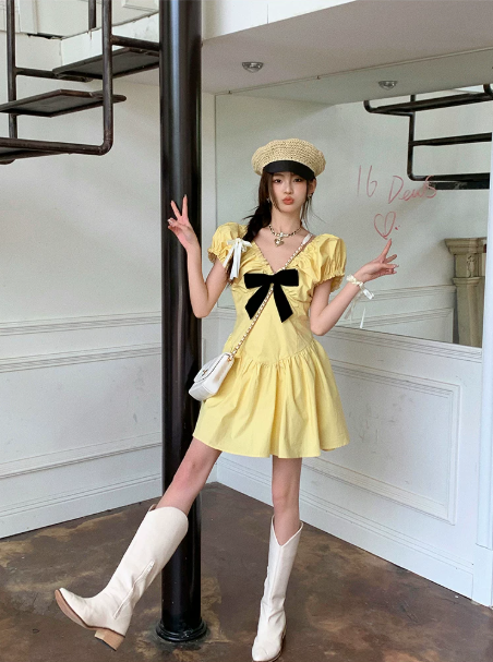 2026 Summer Yellow Puff Sleeve Dress Women, Coquette Black Bow V-Neck A-Line Mini Dress R9324