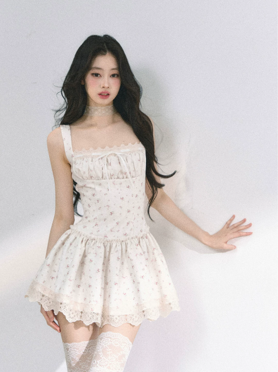 Fairycore White Floral Slip Dress with Lace Trim, Tiered Skirt and Spaghetti Straps R9275