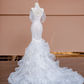 White halter-neck, fitted waist, bodycon, fishtail skirt, long ball gown, bridal gown R8424