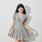 Gingham Plaid Mini Dress Women With V Neck Bow Detail And Tulle Underskirt R9398