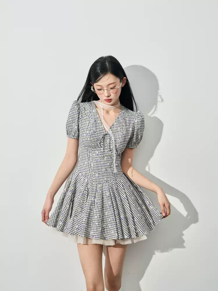 Gingham Plaid Mini Dress Women With V Neck Bow Detail And Tulle Underskirt R9398