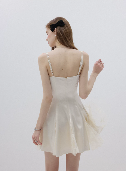 Cream White Satin Slip Mini Dress Women With Lace Inset Flounce Hem R9470