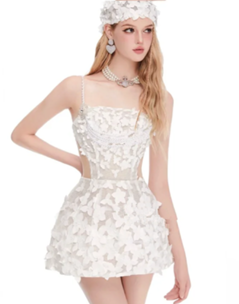 White suspender waist slim A-line princess skirt homecoming dress R4387