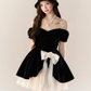 Black one-shoulder slim waist A-line puffy skirt homecoming dress R5399