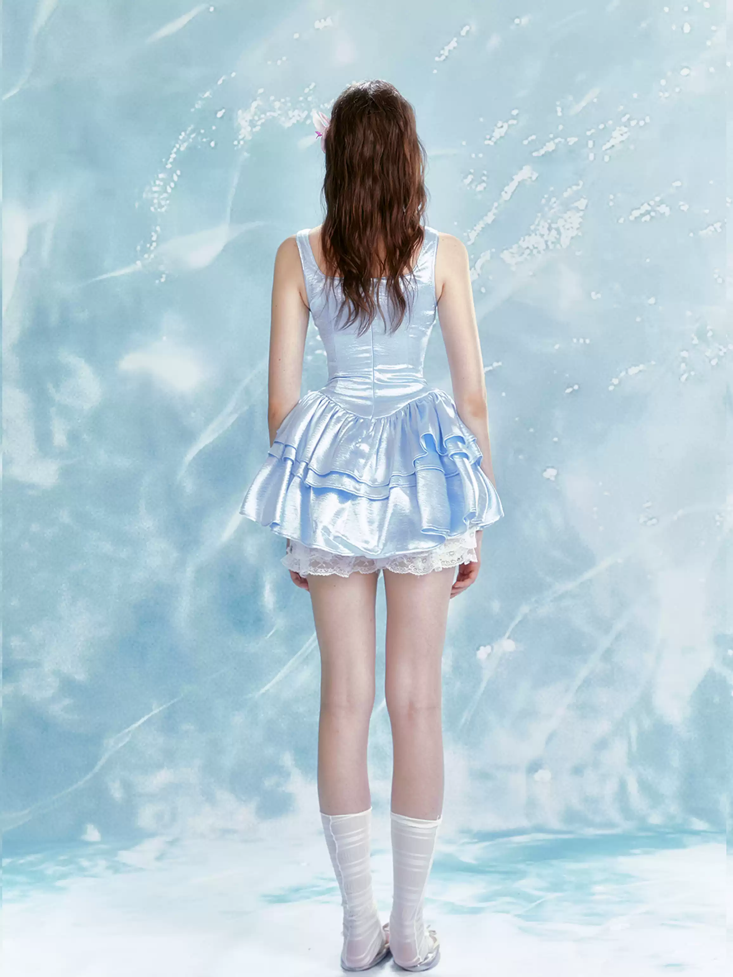 Square Neck Sleeveless Balletcore Dress with Layered Skirt and Lace Shorts R9228
