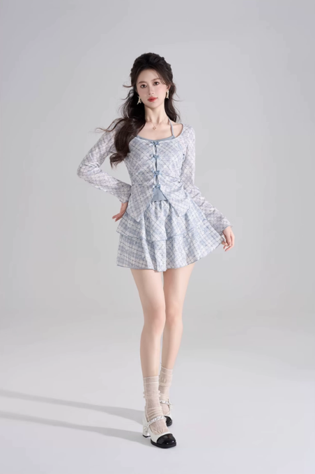 Fresh Blue Plaid 3-Piece Outfit, Women's Long Sleeve Bow Detail Top with Cami and Mini Skirt R9338