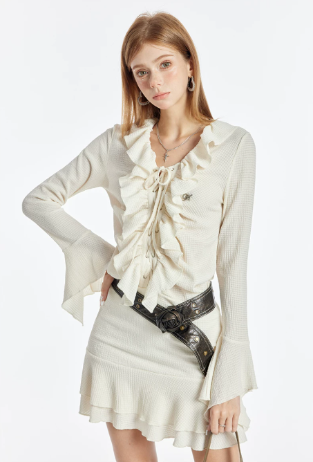 Cream White Ruffle Lace Up Long Sleeve Mini Dress Women Fall High Waist French Style R9387