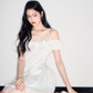 Women French Romantic Style Dress With Sheer Lace Top And Satin Flared Skirt R9415