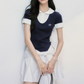 Preppy Style Faux Two Piece Mini Dress Women With Peter Pan Collar And Knotted Waist R9425