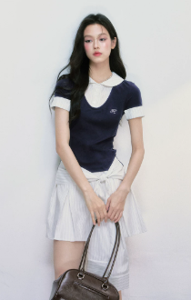 Preppy Style Faux Two Piece Mini Dress Women With Peter Pan Collar And Knotted Waist R9425