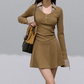Korean Style Slim Fit Long Sleeve Mini Dress with Plaid Contrast and A-Line Skirt R9368