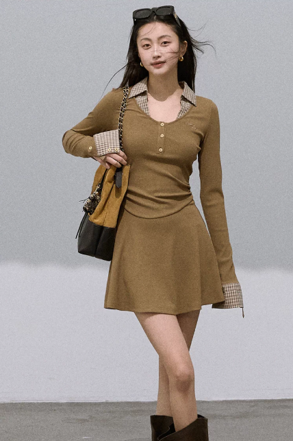 Korean Style Slim Fit Long Sleeve Mini Dress with Plaid Contrast and A-Line Skirt R9368