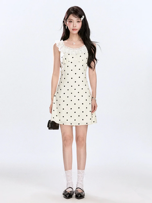 White polka dot waist slim A-line short skirt homecoming dress R5259