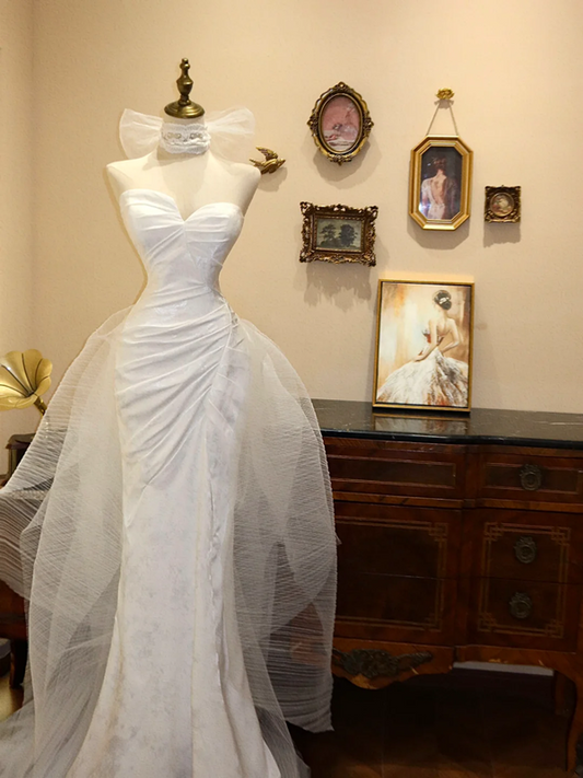 White strapless, fitted waist, bodycon mermaid long wedding dress R6569