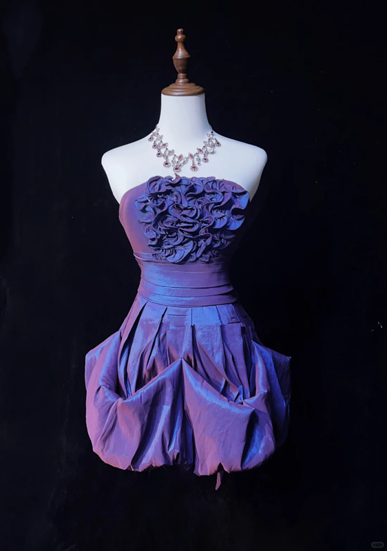 Dreamy and charming purple tube top three-dimensional flower waist slim fit flower bud skirt short skirt homecoming dress R4957
