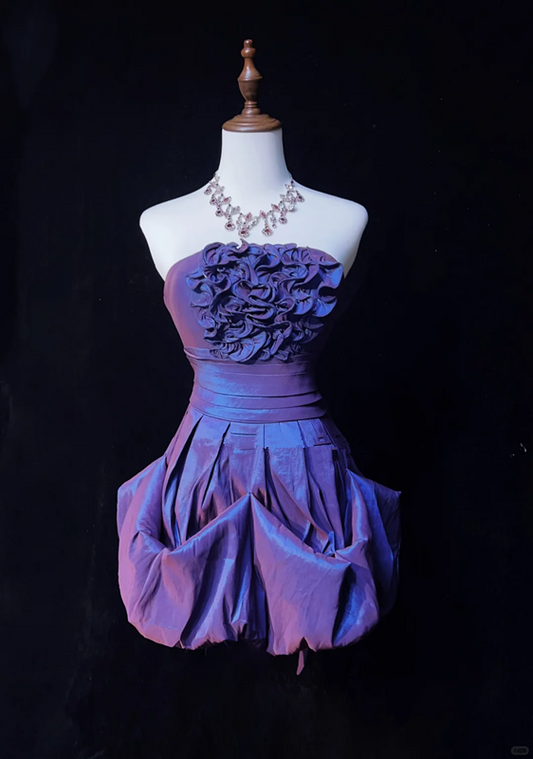 Dreamy and charming purple tube top three-dimensional flower waist slim fit flower bud skirt short skirt homecoming dress R4957