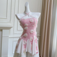 Pink plaid halterneck waist irregular skirt short skirt homecoming dress R5179