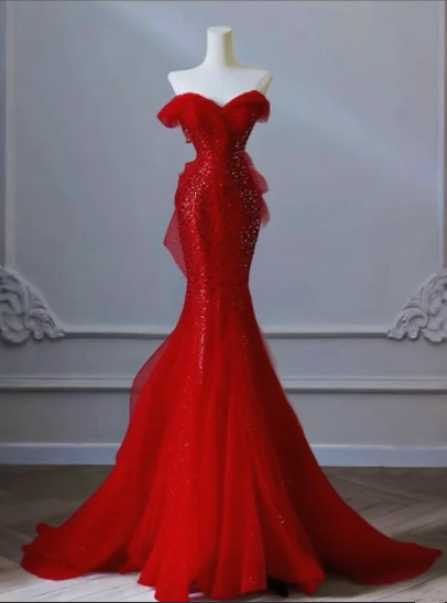Red Off-the-Shoulder Fitted-Waist Slim-Fit Hip-Hugging Mermaid-Length Prom Dress R6489