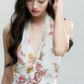 Floral Print Halter Neck Chiffon Dress Women With Lace Trim And Asymmetrical Hem R9419