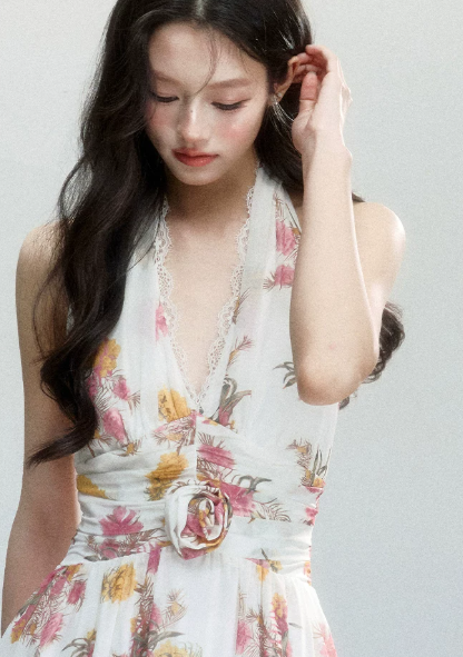 Floral Print Halter Neck Chiffon Dress Women With Lace Trim And Asymmetrical Hem R9419