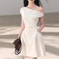 Off-White Off-Shoulder Mini Dress Women Ruched Waist A-Line Dress with Pockets R9361