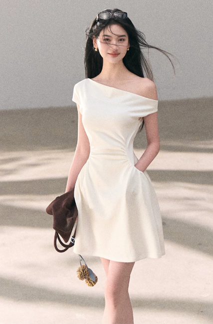 Off-White Off-Shoulder Mini Dress Women Ruched Waist A-Line Dress with Pockets R9361