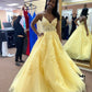 Yellow suspender waist slim fit puffy princess skirt dress, prom dress R5379