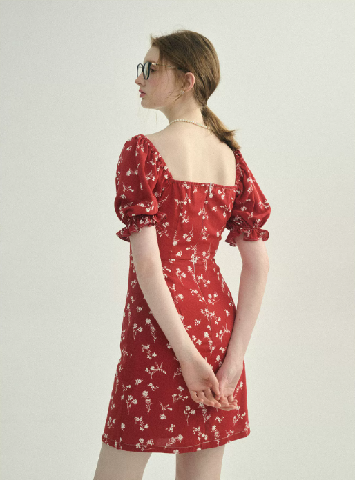 Red Floral Print Mini Dress Women With Puff Sleeves And Square Neck R9483