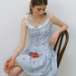 Blue Gingham Cherry Embroidered Mini Dress Women With Lace Trim R9473
